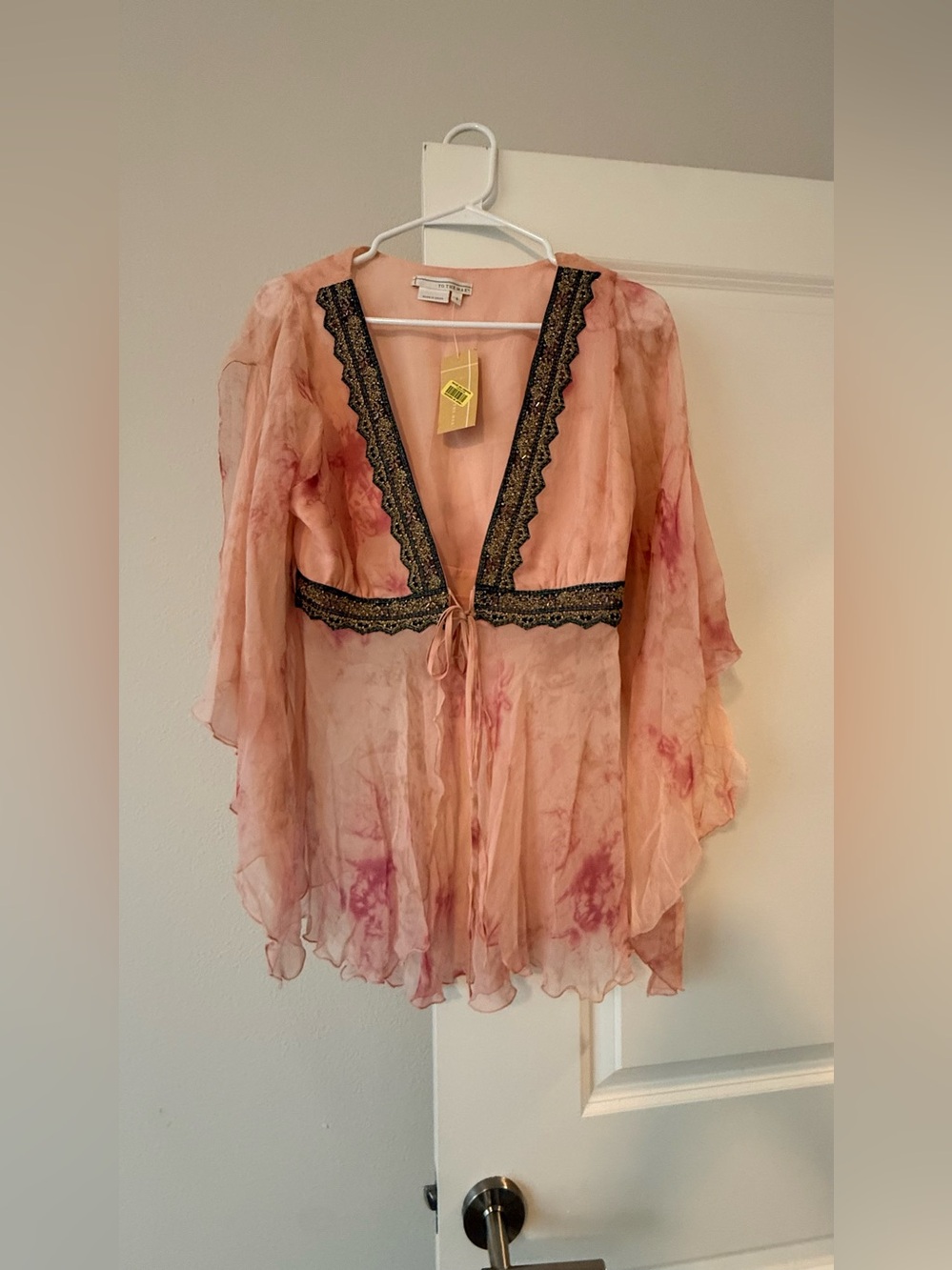 To the Max Sheer Pink Tie-Front Blouse with Black Lace Trim